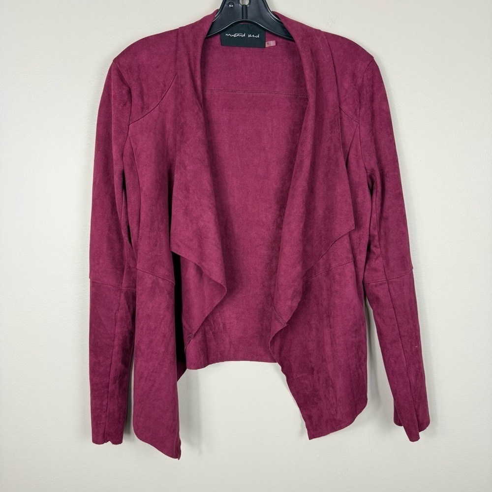 Faux Suede Women Small Jacket Asymmetrical Boho Long Sleeve Red Burgundy